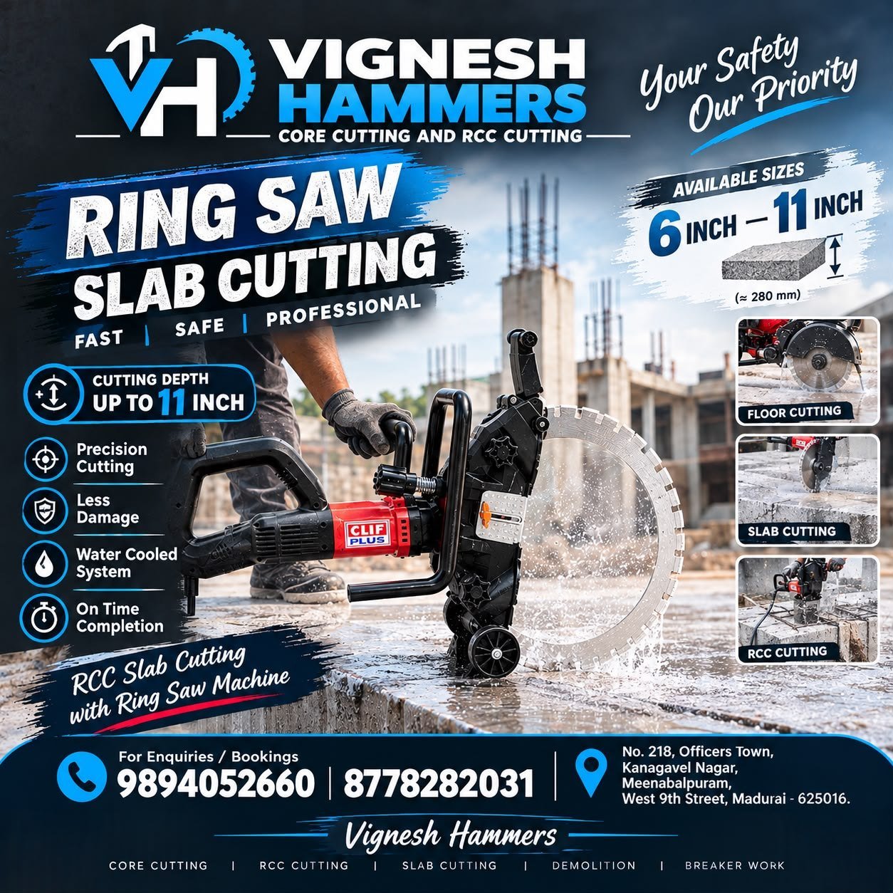 Ring saw machine cutting an RCC slab with water cooling on a construction site