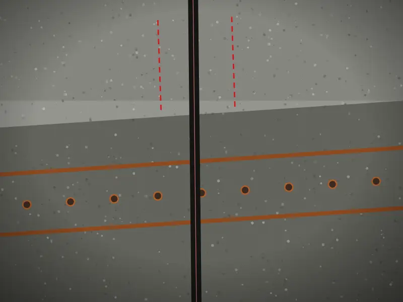Illustration: rCC slab being cut along a marked line, showing reinforcement bars in the cut section